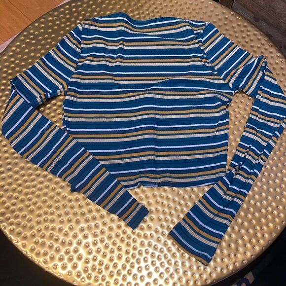 FREE PEOPLE Striped Button Up Cropped Long Sleeve Tee Turquoise Yellow White XS - Picture 2 of 6